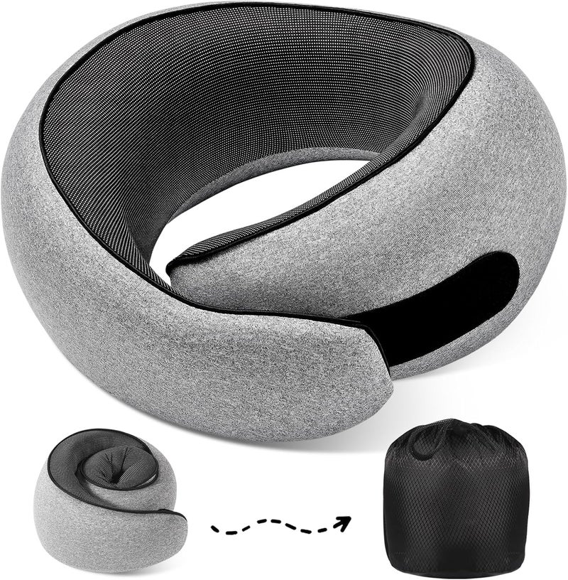 Eworld Travel Neck Pillow with 100% Memory Foam Filling, 360° Ergonomic Support, Compact & Portable with Travel Bag for Airplane, Train & Car Travel (Grey) - Image 1