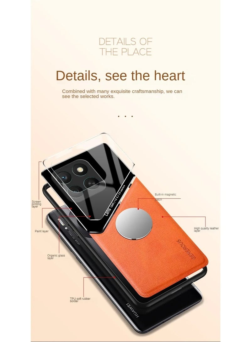 Case Compatible With Honor Enjoy 60 Plus/Honor X7C Cover Luxury Leather And Glass With Car Magnetic Holder Phone Cover Soft Frame Silicone (Black) - Image 2