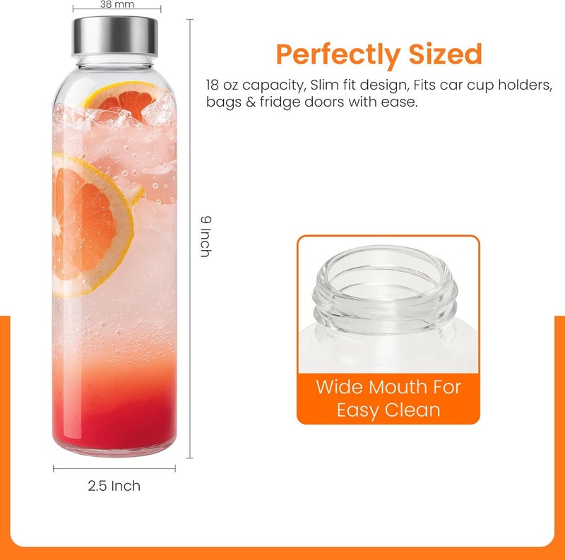 Epica Clear Glass Bottles with Lids | Natural BPA Free Eco Friendly, Reusable Refillable Water Bottles for Juicing | Wide Mouth Liquid Storage Containers for Refrigerator, 18 oz Water Bottle Set of 6 - Image 2
