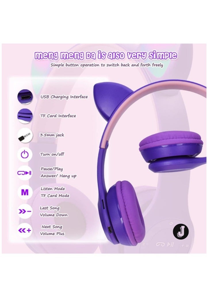 JAJEEK "NEW Children's Cat Ear LED Headphones with Microphone, TF Card & Foldable Bluetooth Wireless Stereo Headset – Fun & Colorful Audio Experience" - Image 5