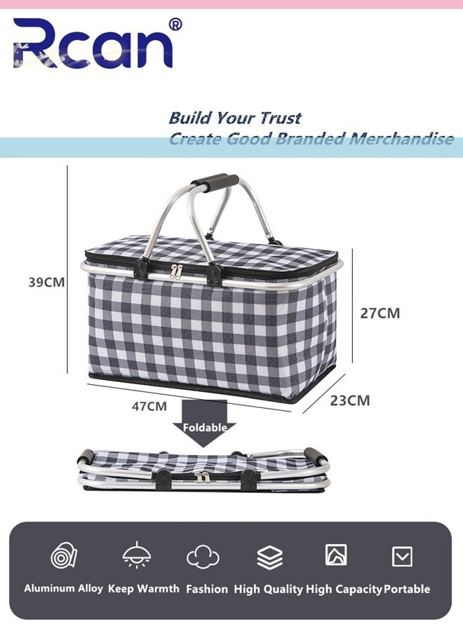 Rcan Large-Capacity Picnic Basket, Folding Portable Lunch Bag, Oxford Cloth Waterproof Insulated Aluminum Frame Basket, 30L Cooler Bag Basket for Camping, Travel, Outdoor Party - Image 5