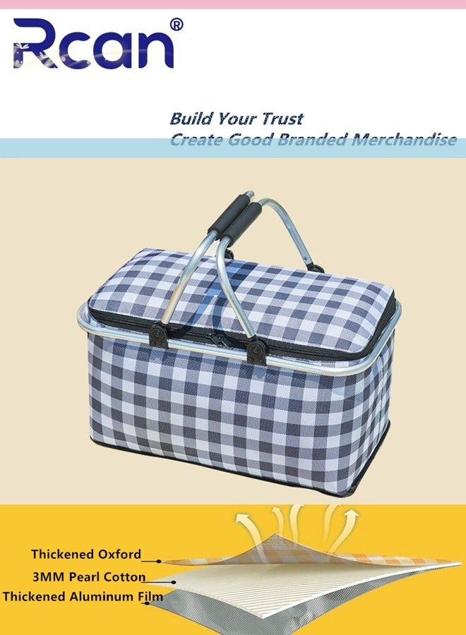 Rcan Large-Capacity Picnic Basket, Folding Portable Lunch Bag, Oxford Cloth Waterproof Insulated Aluminum Frame Basket, 30L Cooler Bag Basket for Camping, Travel, Outdoor Party - Image 1