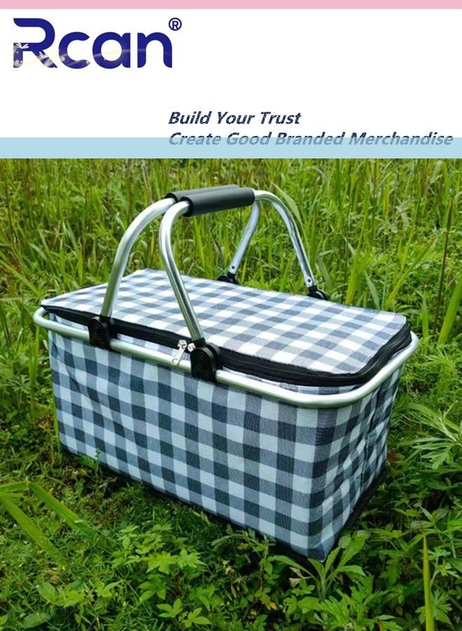 Rcan Large-Capacity Picnic Basket, Folding Portable Lunch Bag, Oxford Cloth Waterproof Insulated Aluminum Frame Basket, 30L Cooler Bag Basket for Camping, Travel, Outdoor Party - Image 2