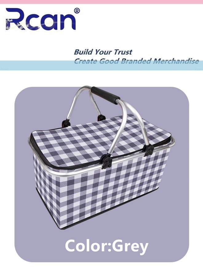 Rcan Large-Capacity Picnic Basket, Folding Portable Lunch Bag, Oxford Cloth Waterproof Insulated Aluminum Frame Basket, 30L Cooler Bag Basket for Camping, Travel, Outdoor Party - Image 4