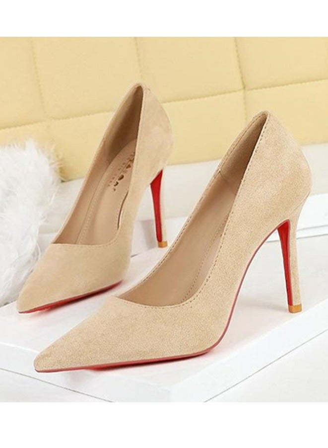 بيج تري المرأة مغلقة أشارت إصبع القدم عالية الكعب مضخات الكعب من الجلد الخردي خاكي 10CM - Image 1