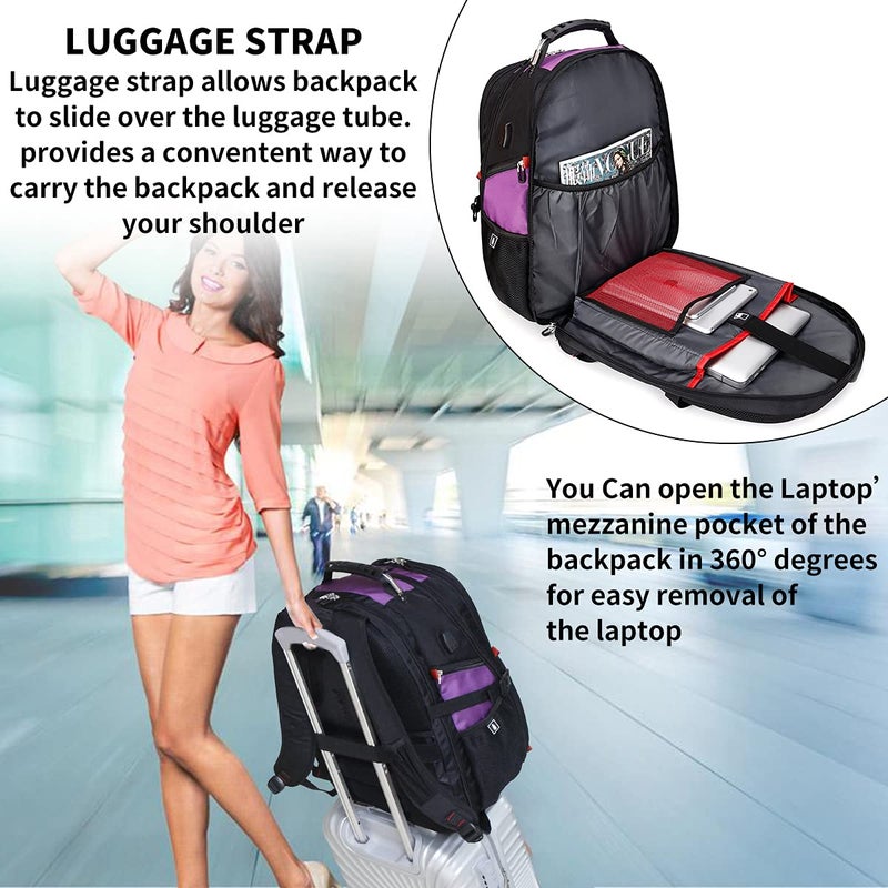 SHRRADOO Extra Large 50L Travel Laptop Backpack with USB Charging Port, College High School Backpack Airline Approved Business Work Bag Fit 17 Inch Laptops for Men Women,Purple - Image 4