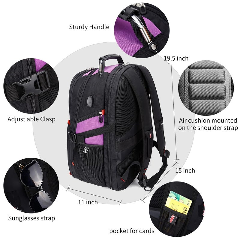 SHRRADOO Extra Large 50L Travel Laptop Backpack with USB Charging Port, College High School Backpack Airline Approved Business Work Bag Fit 17 Inch Laptops for Men Women,Purple - Image 3