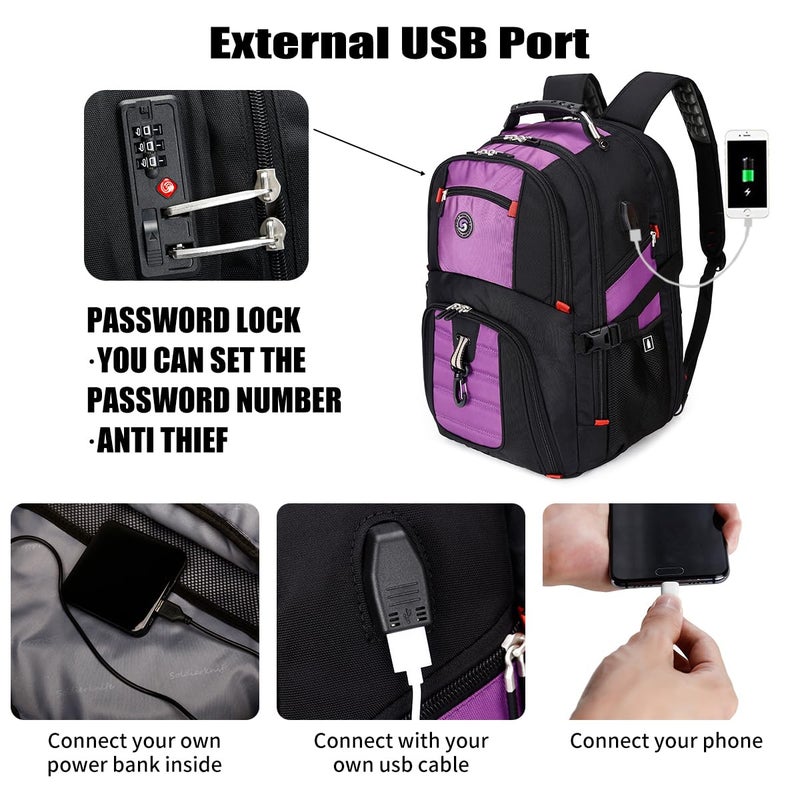SHRRADOO Extra Large 50L Travel Laptop Backpack with USB Charging Port, College High School Backpack Airline Approved Business Work Bag Fit 17 Inch Laptops for Men Women,Purple - Image 2