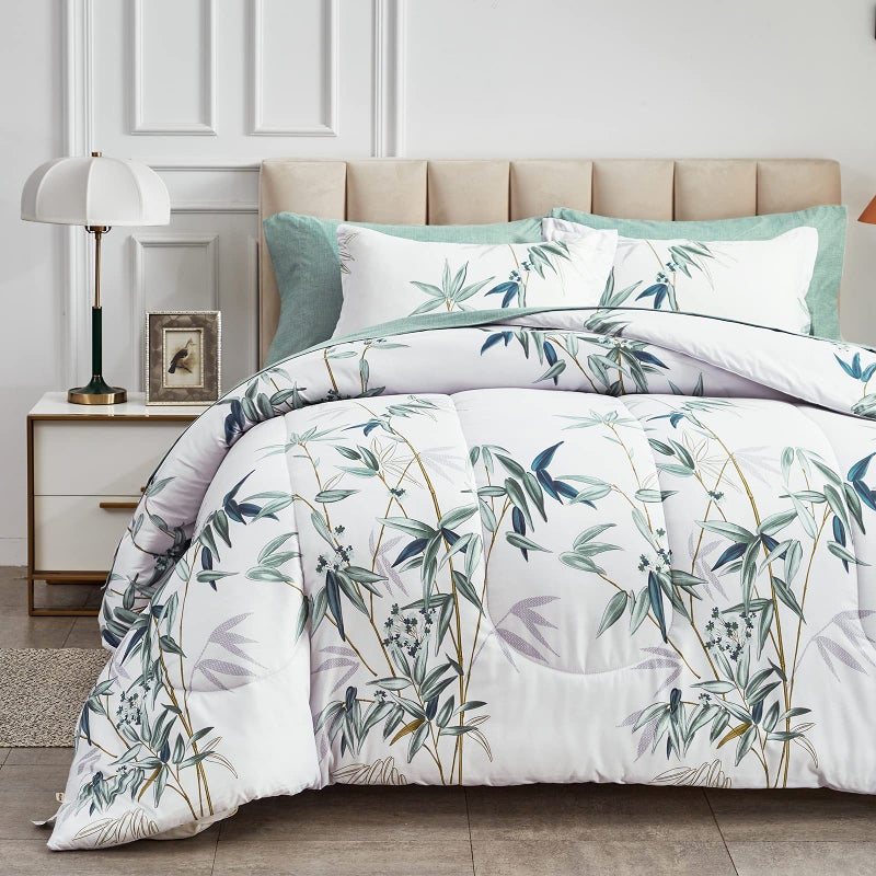 7 Piece Bed in a Bag King Comforter Set with Sheets Green Leaves on White Botanical Design Bedding Sets for All Season 1 Comforter 2 Pillow Shams 1 Flat Sheet 1 Fitted Sheet 2 Pillowcases