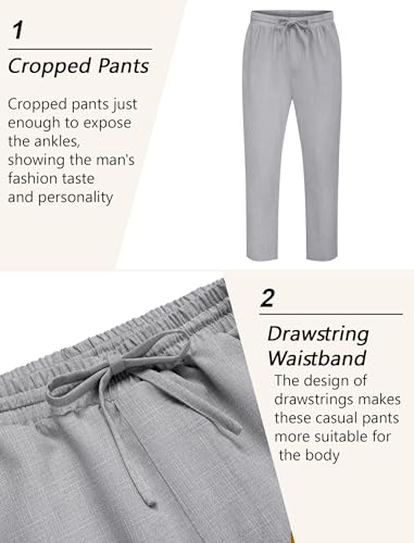 COOFANDY Mens Linen Casual Pants Lightweight Drawstring Beach Pants Elastic Waist Cropped Pants - Image 5