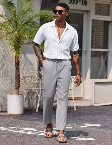 COOFANDY Mens Linen Casual Pants Lightweight Drawstring Beach Pants Elastic Waist Cropped Pants - Image 3