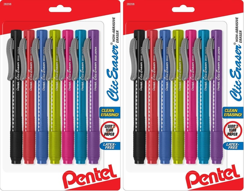 Pentel Clic Retractable Eraser, Assorted Colored Pen Style Grip Erasers, Pack of 14 - Image 1