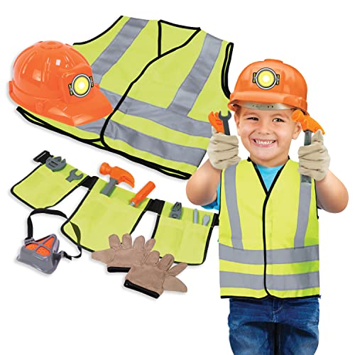Dr. STEM Toys طقم زي عامل البناء من دكتور ستيم للألعاب مع قبعة وأدوات وحزام أدوات وقفازات والمزيد باللون البرتقالي والأصفر مقاس واحد يناسب معظم الأطفال من 3 إلى 6 سنوات - Image 1