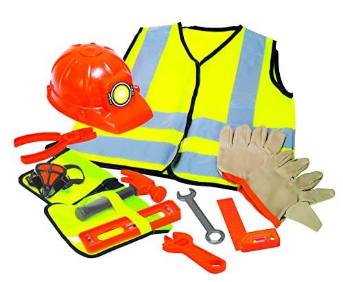Dr. STEM Toys طقم زي عامل البناء من دكتور ستيم للألعاب مع قبعة وأدوات وحزام أدوات وقفازات والمزيد باللون البرتقالي والأصفر مقاس واحد يناسب معظم الأطفال من 3 إلى 6 سنوات - Image 5