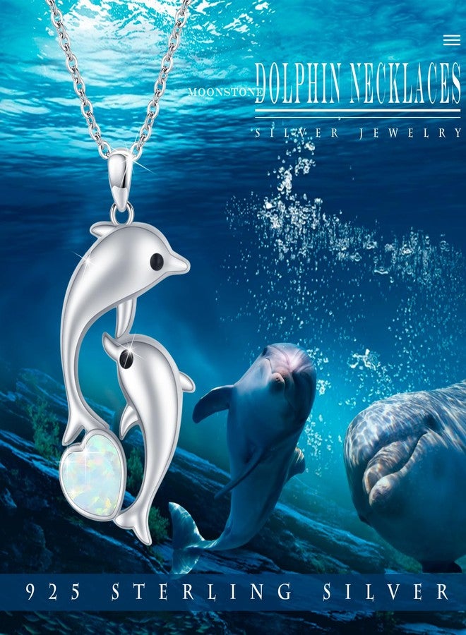 Cuoka Opal Heart Dolphin Necklace 925 Sterling Silver Mothers Day Gifts For Women Necklace Chains (Moonstone Heart Dolphin Necklace) - Image 4