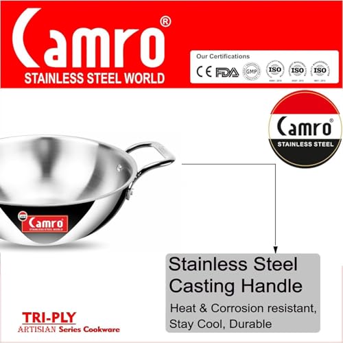 Camro Triply Artisian Kadhai with Lid 18 Cm, 1 Liters | Kadhai for Deep Frying | Induction Base | Kadai for Cooking | Induction Friendly Dishwasher Safe - Image 3
