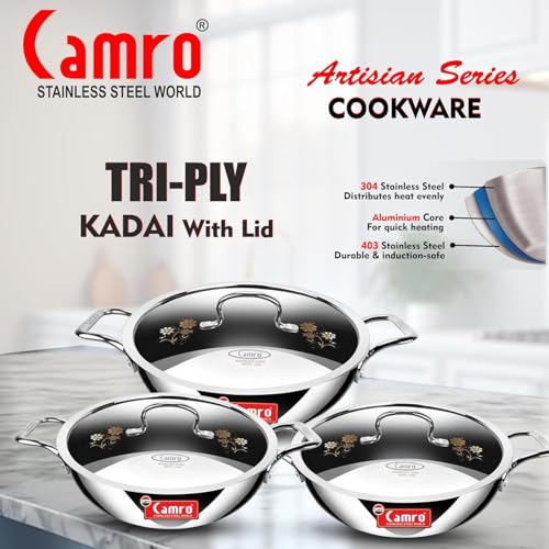 Camro Triply Artisian Kadhai with Lid 18 Cm, 1 Liters | Kadhai for Deep Frying | Induction Base | Kadai for Cooking | Induction Friendly Dishwasher Safe - Image 4