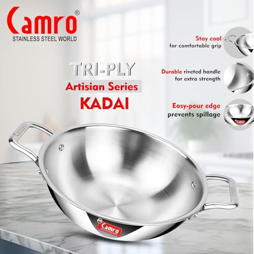 Camro Triply Artisian Kadhai with Lid 18 Cm, 1 Liters | Kadhai for Deep Frying | Induction Base | Kadai for Cooking | Induction Friendly Dishwasher Safe - Image 5