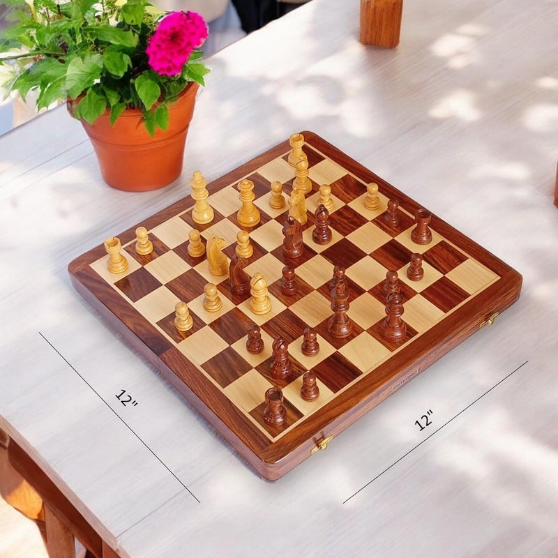 ENTERRO Wooden Chess Set 12" x 12" with 2 Extra Queens with Magnetic Coins - Folding Travel Friendly - Image 2