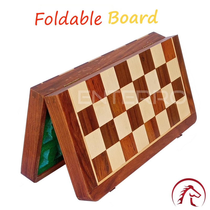 ENTERRO Wooden Chess Set 12" x 12" with 2 Extra Queens with Magnetic Coins - Folding Travel Friendly - Image 4