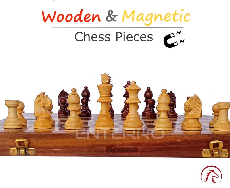 ENTERRO Wooden Chess Set 12" x 12" with 2 Extra Queens with Magnetic Coins - Folding Travel Friendly - Image 5