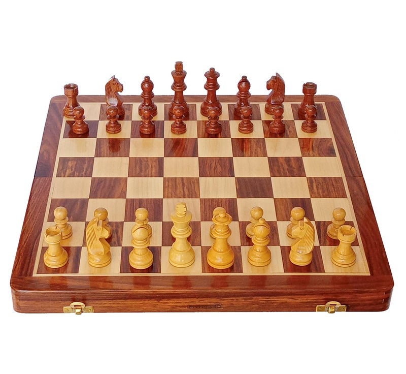 ENTERRO Wooden Chess Set 12" x 12" with 2 Extra Queens with Magnetic Coins - Folding Travel Friendly - Image 1