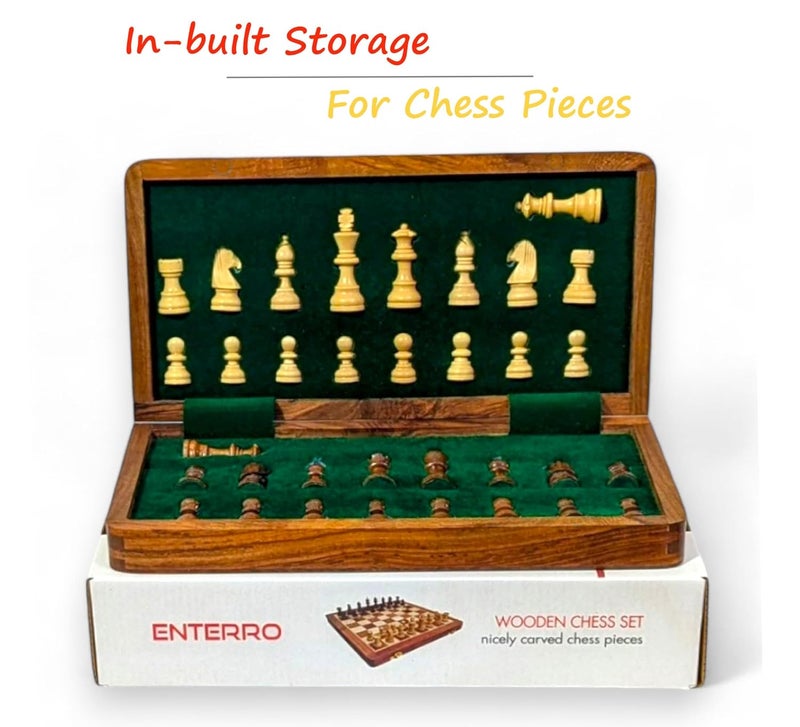 ENTERRO Wooden Chess Set 12" x 12" with 2 Extra Queens with Magnetic Coins - Folding Travel Friendly - Image 3