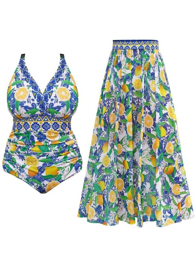 SCOMCHIC Womens Plus Size One Piece Swimsuit Tummy Control Bathing Suit Floral Prints Curvy Mesh Swim Skirt, Yellow Floral, XL Plus - Image 1