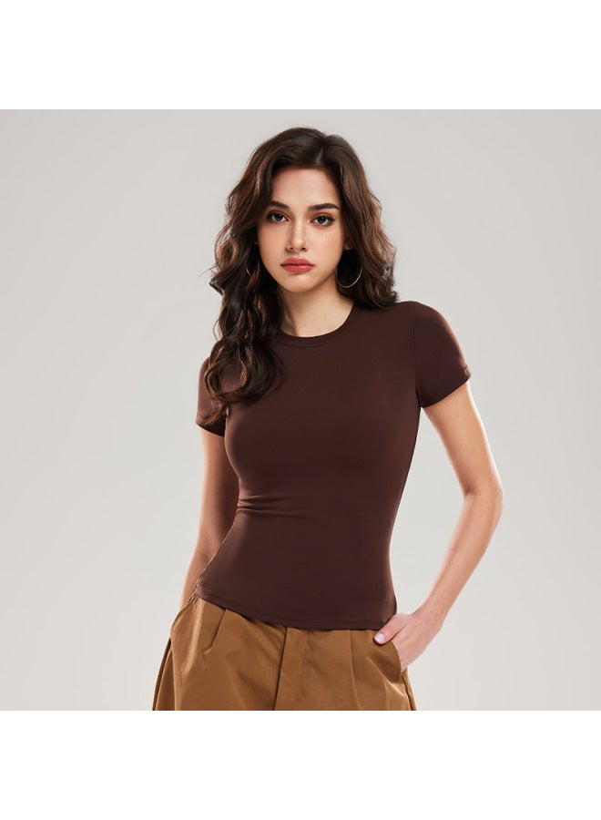 American-style Solid Color Short-sleeve Regular Shoulder T-shirt For Women, Naked-feel Quick-dry Yoga Wear, Slim-fit, Slimming Sports Fitness Running Top