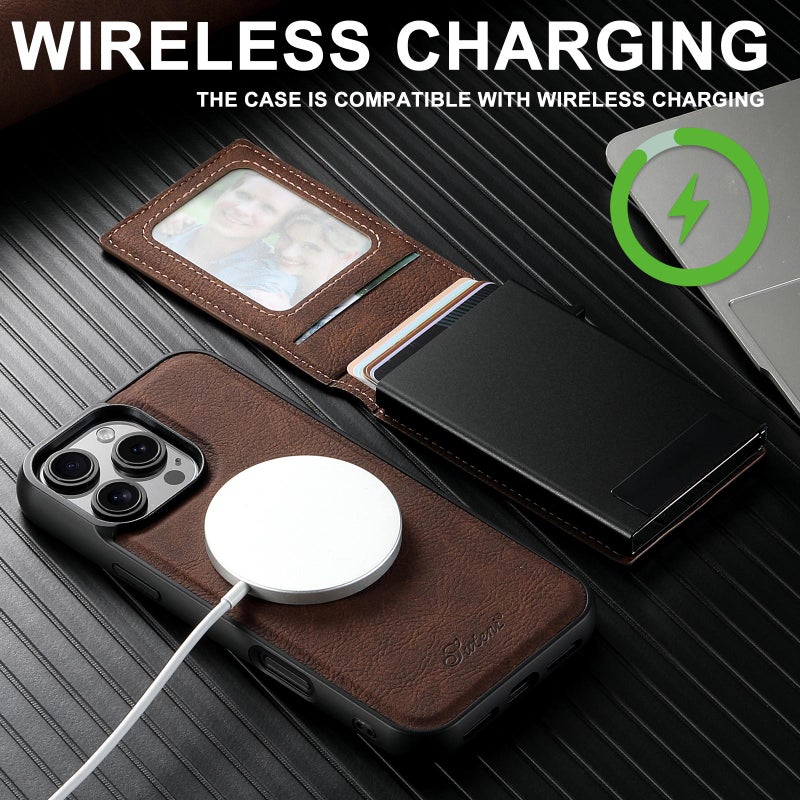 Suteni For Iphone 17 Pro Max H19 Litchi Grain 2-In-1 Magsafe Removable Card Box Back Phone Case(Brown) - Image 2