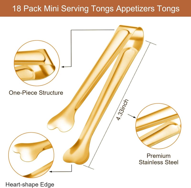 Dmoera 18 Pack Premium Small Serving Tongs, Mini Stainless Steel Appetizer Tongs 4.33Inch Gold - Image 3