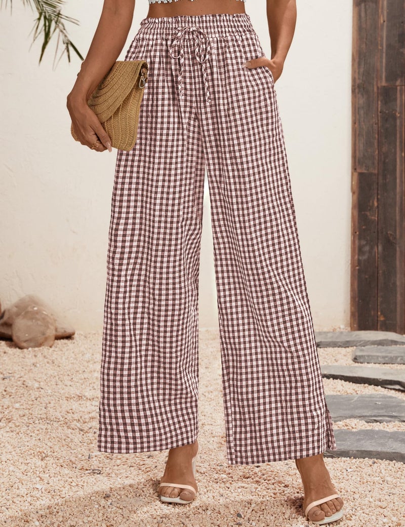 Rapbin Wide Leg Pants for Women Palazzo Pants Casual Flowy Beach Plaid High Waisted Loose Trousers (Coffee White Plaid, M) - Image 4