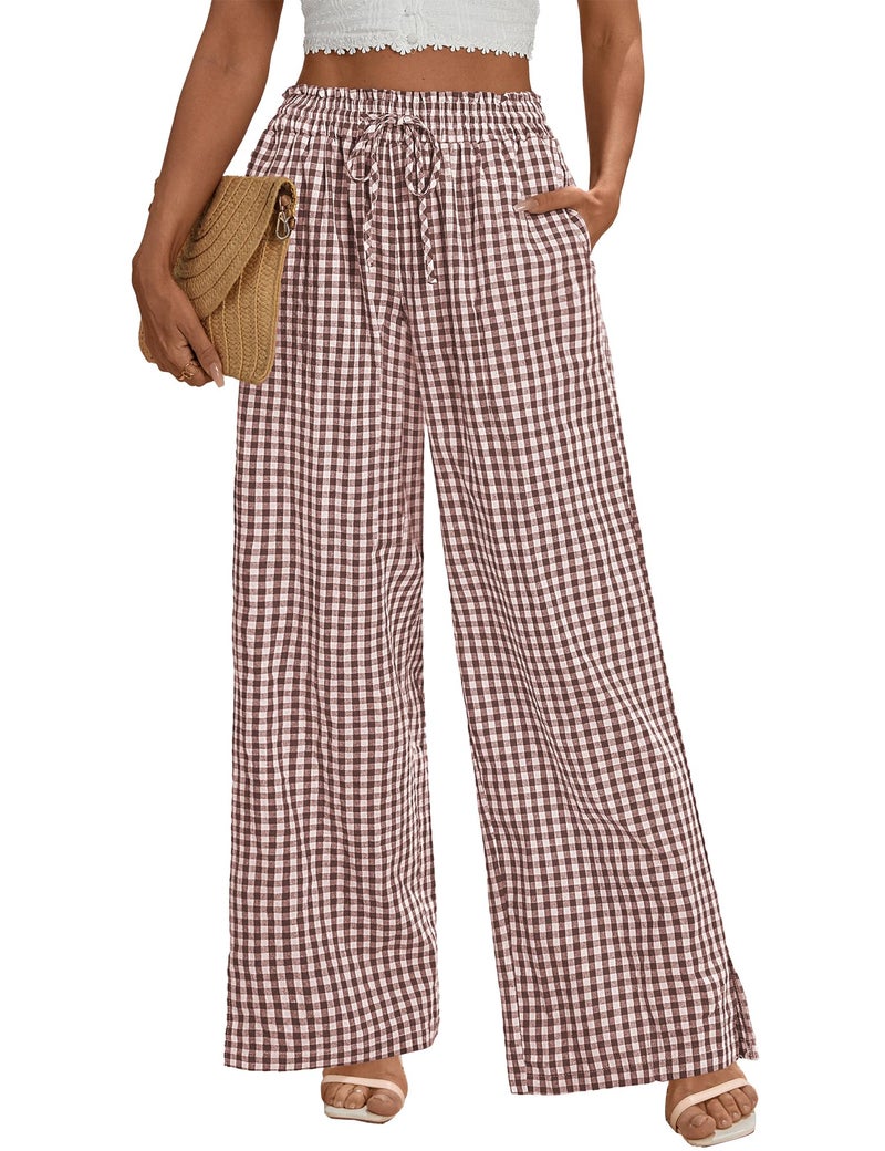 Rapbin Wide Leg Pants for Women Palazzo Pants Casual Flowy Beach Plaid High Waisted Loose Trousers (Coffee White Plaid, M) - Image 1