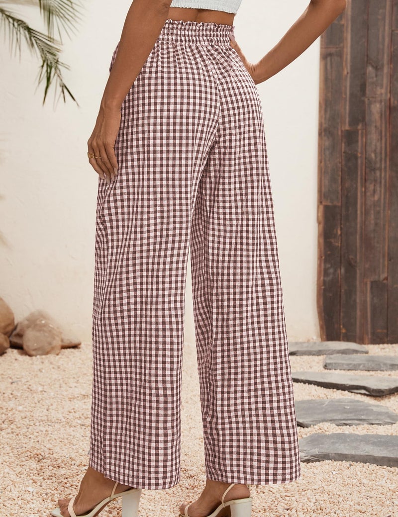 Rapbin Wide Leg Pants for Women Palazzo Pants Casual Flowy Beach Plaid High Waisted Loose Trousers (Coffee White Plaid, M) - Image 2