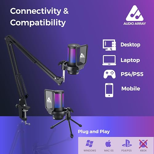 Audio Array AM-C46 Professional RGB USB Condenser Microphone Kit | Noise-Cancellation, Mute, Monitoring & Volume Controls | 192kHz/24bit Studio Quality | Gaming, Streaming, Podcast | Mac/PC/Mobile - Image 5