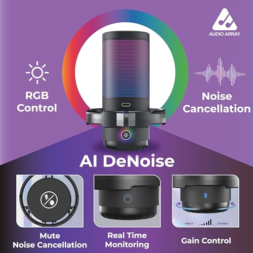 Audio Array AM-C46 Professional RGB USB Condenser Microphone Kit | Noise-Cancellation, Mute, Monitoring & Volume Controls | 192kHz/24bit Studio Quality | Gaming, Streaming, Podcast | Mac/PC/Mobile - Image 2