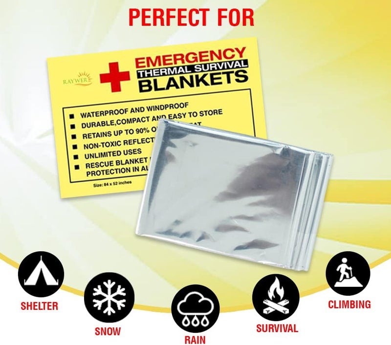 RAYWER Rawyer (50 Pack) Emergency Thermal Survival Blankets, Mylar Blankets for Outdoor, Camping, Hiking, Survival in Harsh Weather, Large Silver Thermal Sheets, Heavy Duty Survival Gear (50, 84x52) - Image 3