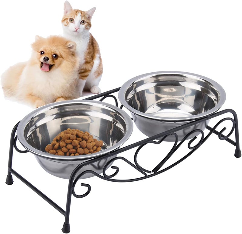 كلاراكو وعاء مزدوج للحيوانات الأليفة من كلاركو، مصنوع من الفولاذ المقاوم للصدأ المصقول، مناسب للقطط والكلاب والجراء، مزود بقاعدة منخفضة الارتفاع، وحامل طعام للحيوانات الأليفة - Image 1