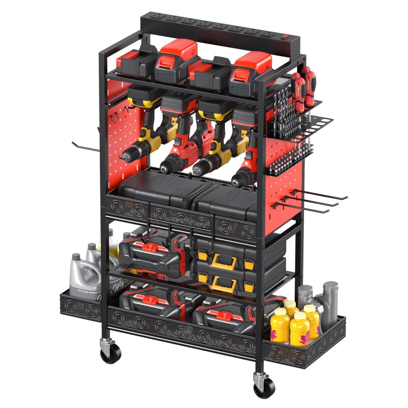 CCCEI Garage Power Tools Organizer Cart with Charging Station, Red Floor Standing Rolling Drill and Tools Battery Storage Cart on Wheels. Utility Rack Gift for Men, Husband, Father. - Image 1