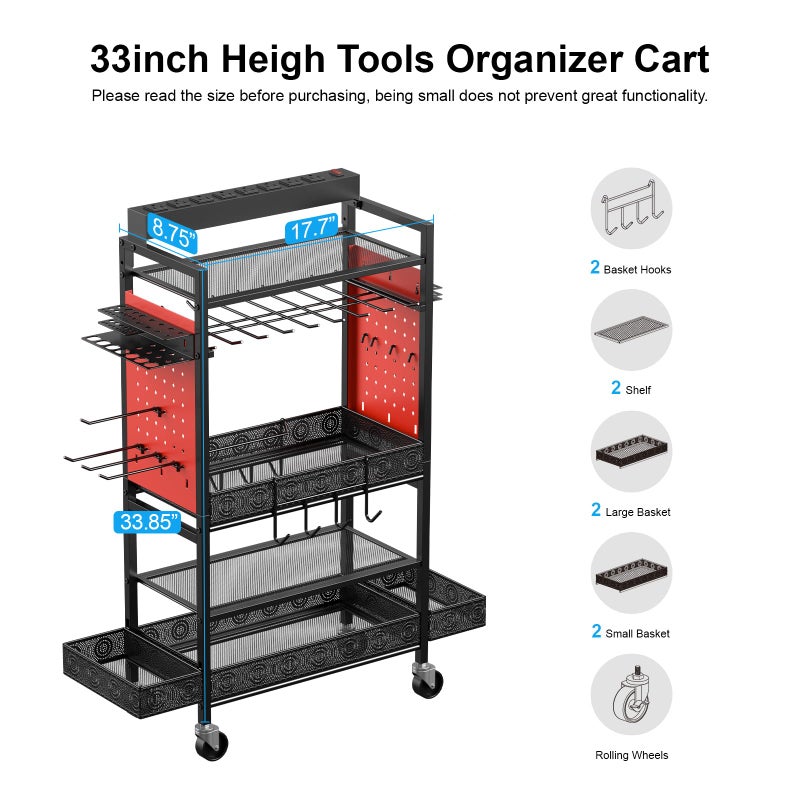 CCCEI Garage Power Tools Organizer Cart with Charging Station, Red Floor Standing Rolling Drill and Tools Battery Storage Cart on Wheels. Utility Rack Gift for Men, Husband, Father. - Image 3