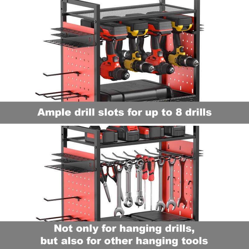 CCCEI Garage Power Tools Organizer Cart with Charging Station, Red Floor Standing Rolling Drill and Tools Battery Storage Cart on Wheels. Utility Rack Gift for Men, Husband, Father. - Image 4