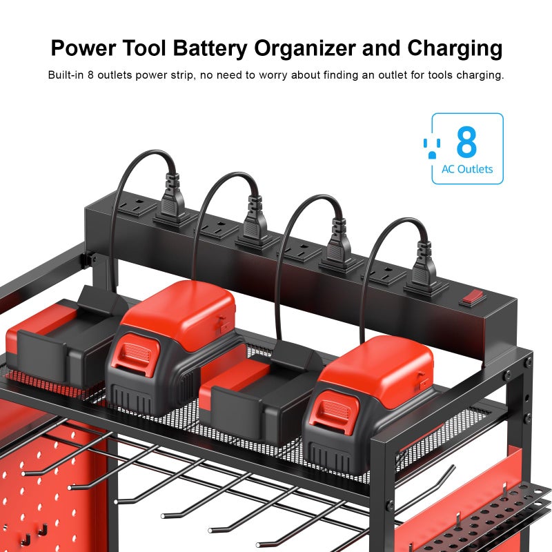 CCCEI Garage Power Tools Organizer Cart with Charging Station, Red Floor Standing Rolling Drill and Tools Battery Storage Cart on Wheels. Utility Rack Gift for Men, Husband, Father. - Image 2