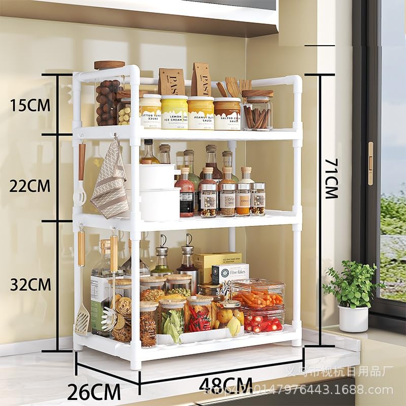 Delavala 3-Tier Acrylonitrile Butadiene Styrene Spice Rack Organizer For Countertop,Foldable Rust-Proof Standing Large Seasoning Storage Shelf With Hook For Kitchen Cabinet Living Room (3 Tire,White) - Image 2