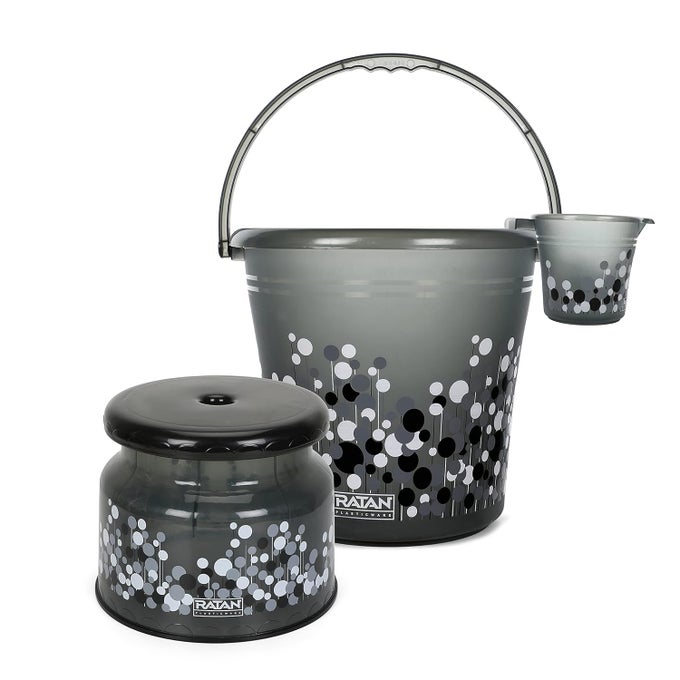 PLASTIC BATHROOM SET OF 3 COMBO WITH 20L BUCKET X 115L MUG X 1 NOVA PATLA STOOL 107 X 1 BATH SET FOR HOME KITCHEN FROSTY BUBBLE PRINT SMOKEY