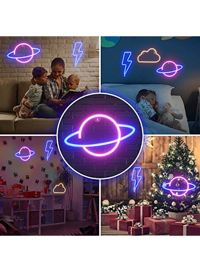 WALALLA 3 Pcs Neon Cloud Lightning Planet Signs for Bedroom Wall Decor, LED Lights for Kids Room, Gift, Party, Birthday, Christmas, Wedding, Bar - Image 5