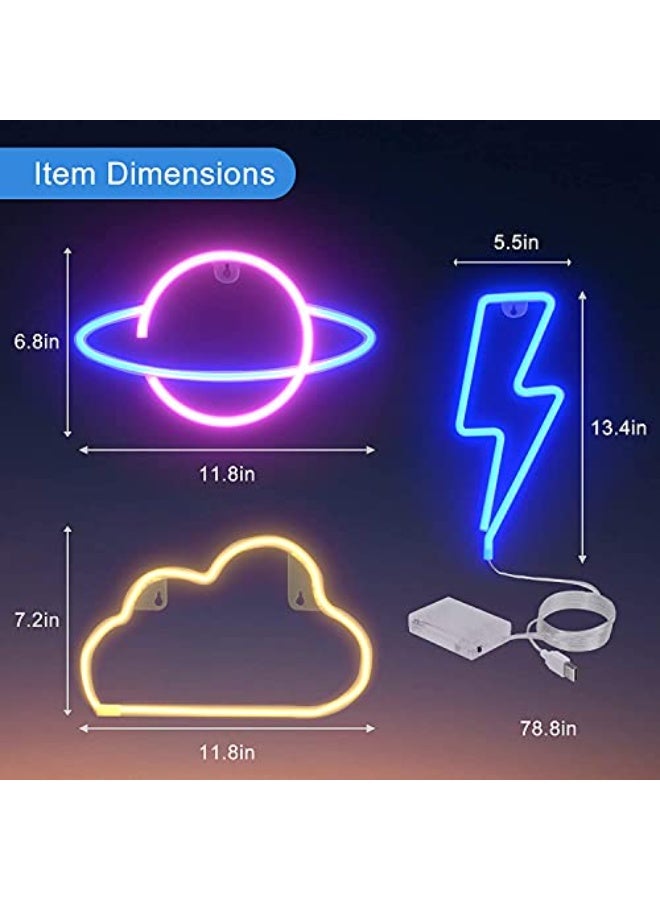 WALALLA 3 Pcs Neon Cloud Lightning Planet Signs for Bedroom Wall Decor, LED Lights for Kids Room, Gift, Party, Birthday, Christmas, Wedding, Bar - Image 2