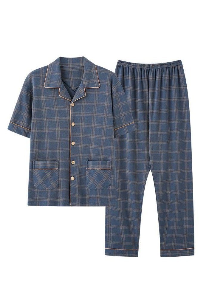 general Men's cotton short-sleeve set, long pants suit, fashionable pajamas, men's summer large size loose summer light and comfortable leisure home clothes, blue  - Image 1