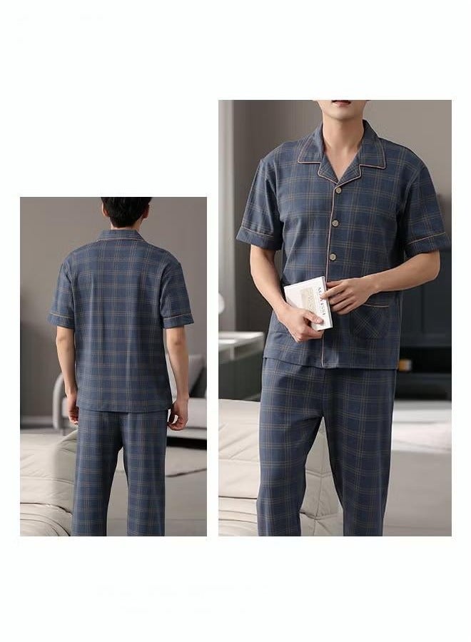general Men's cotton short-sleeve set, long pants suit, fashionable pajamas, men's summer large size loose summer light and comfortable leisure home clothes, blue  - Image 2
