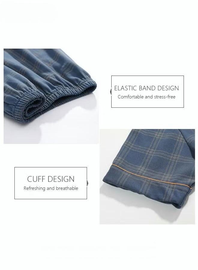 general Men's cotton short-sleeve set, long pants suit, fashionable pajamas, men's summer large size loose summer light and comfortable leisure home clothes, blue  - Image 4
