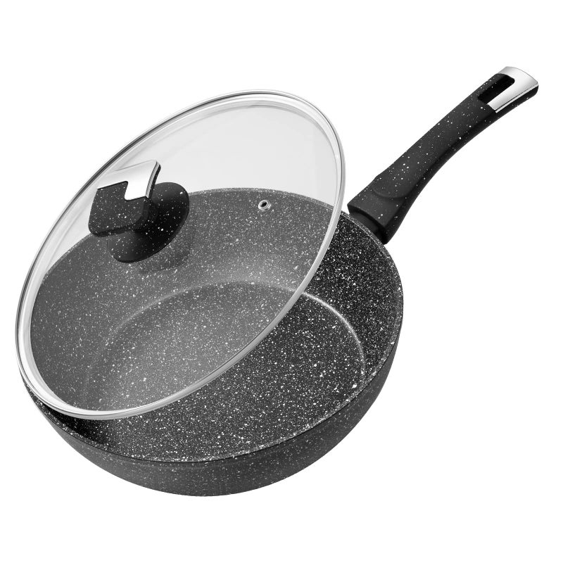 Rainberg 26cm Deep Frying Pan with Lid Granite Frying Pan Nonstick Nonstick Frying Pans with Lid Induction Compatible Black Deep FryPan 26cm